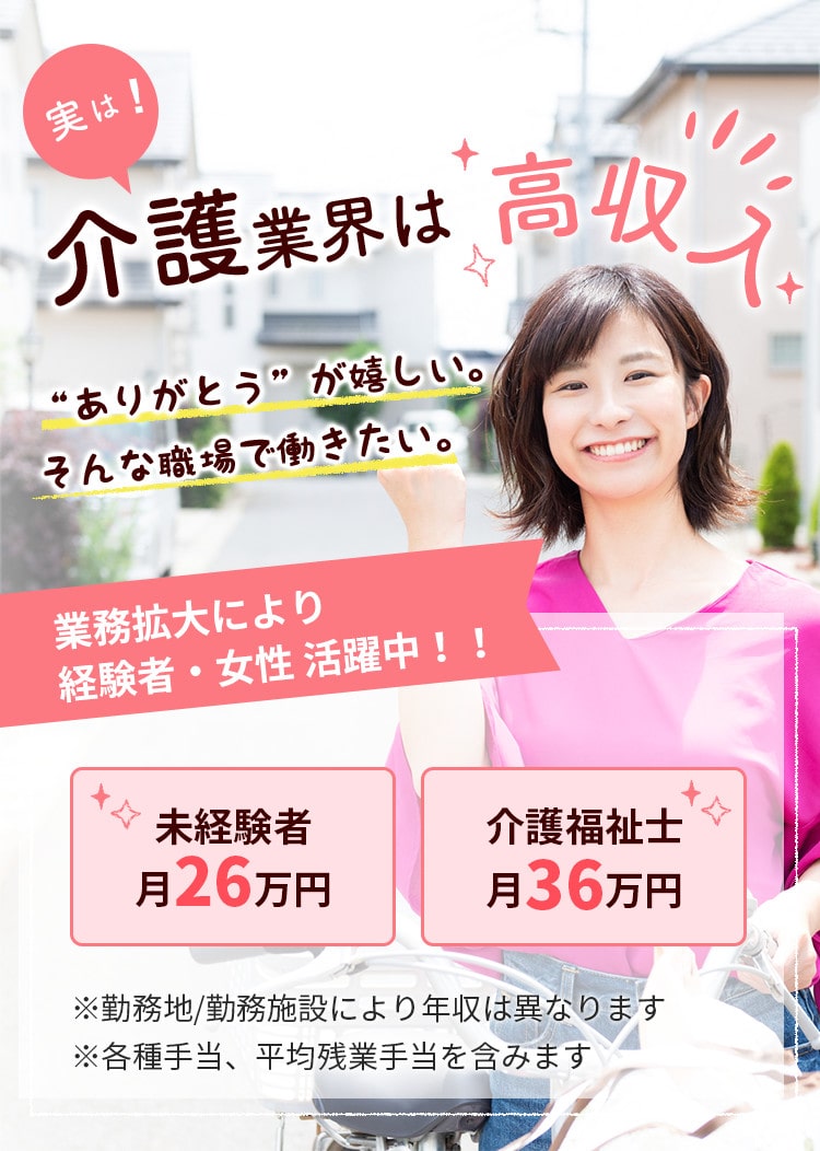 実は！介護業界は高収入　ありがとうが嬉しい。そんな職場で働きたい　業務拡大により、経験者・女性 活躍中！！　未経験者月26万円　介護福祉士月36万円　※勤務地/勤務施設により年収は異なります　※各種手当、平均残業手当を含みます